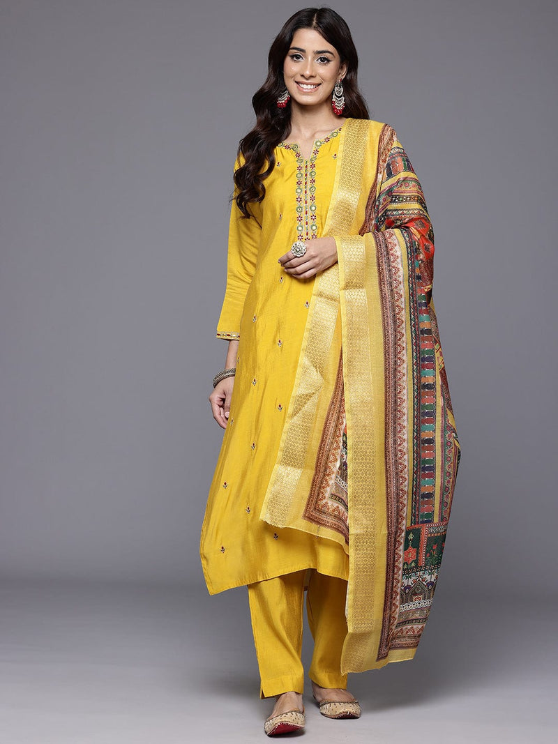 Varanga Women Yellow Round Neck Placement Embroidered Kurta Paired With Tonal Bottom & Printed Dupatta