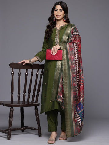 Varanga Women Olive Green Round Neck Placement Embroidered Kurta Paired With Tonal Bottom & Printed Dupatta
