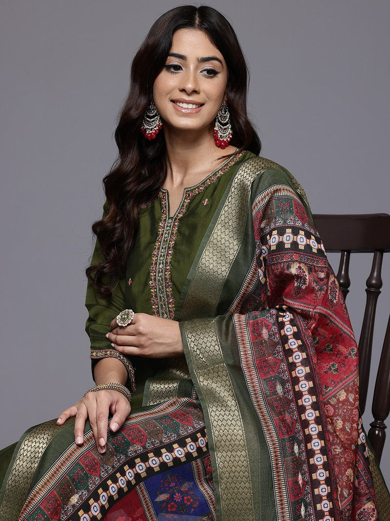 Varanga Women Olive Green Round Neck Placement Embroidered Kurta Paired With Tonal Bottom & Printed Dupatta
