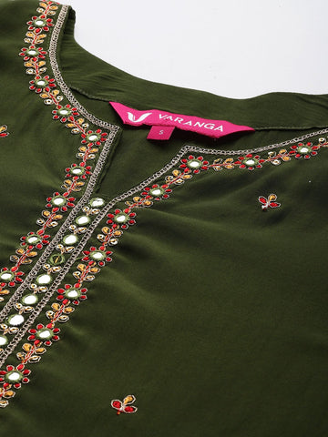 Varanga Women Olive Green Round Neck Placement Embroidered Kurta Paired With Tonal Bottom & Printed Dupatta