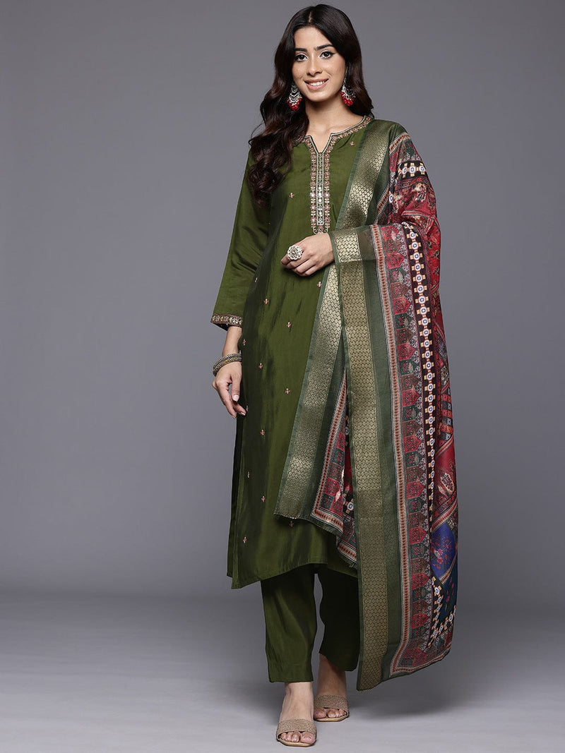 Varanga Women Olive Green Round Neck Placement Embroidered Kurta Paired With Tonal Bottom & Printed Dupatta