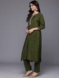 Varanga Women Olive Green Round Neck Placement   Embroidered Kurta Paired With Tonal Bottom & Printed Dupatta