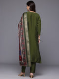 Varanga Women Olive Green Round Neck Placement   Embroidered Kurta Paired With Tonal Bottom & Printed Dupatta