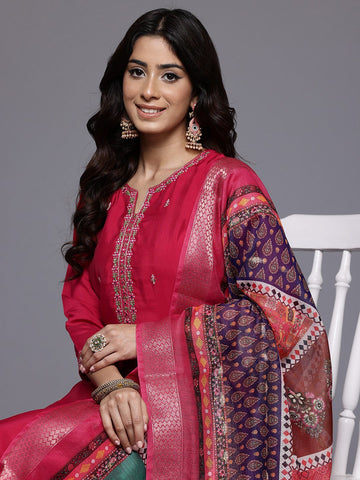 Varanga Women Pink Round Neck  Embroidered Kurta Paired With Tonal Bottom & Printed Dupatta