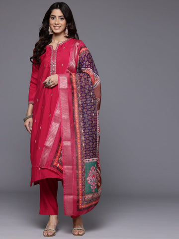 Varanga Women Pink Round Neck  Embroidered Kurta Paired With Tonal Bottom & Printed Dupatta