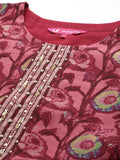 Varanga Women Maroon Floral Printed Kurta, Round Neck Straight Kurta Paired With Tonal Bottom And Printed Dupatta