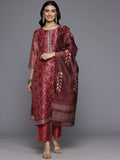 Varanga Women Maroon Floral Printed Kurta, Round Neck Straight Kurta Paired With Tonal Bottom And Printed Dupatta