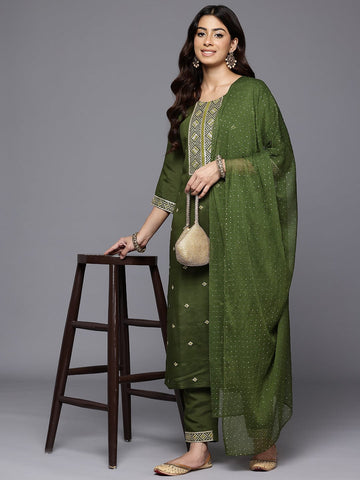 Varanga Women Green Round Neck Zari Embroidered Kurta Paired With Bottom & Dupatta