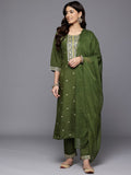 Varanga Women Green Round Neck Zari Embroidered Kurta Paired With Bottom & Dupatta