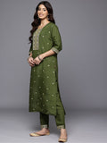 Varanga Women Green Round Neck Zari Embroidered Kurta Paired With Bottom & Dupatta