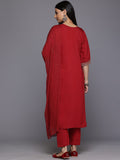 Varanga Women Maroon Round Neck Zari Embroidered Kurta Paired With Bottom & Dupatta