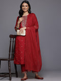 Varanga Women Maroon Round Neck Zari Embroidered Kurta Paired With Bottom & Dupatta