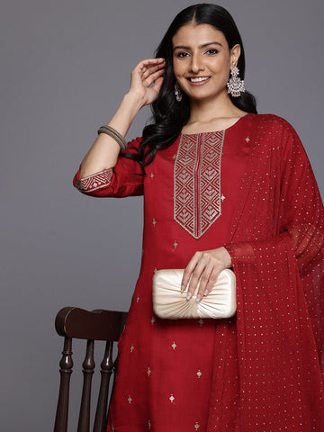 Varanga Women Maroon Round Neck Zari Embroidered Kurta Paired With Bottom & Dupatta