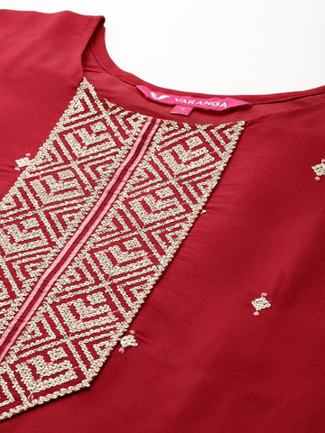 Varanga Women Maroon Round Neck Zari Embroidered Kurta Paired With Bottom & Dupatta