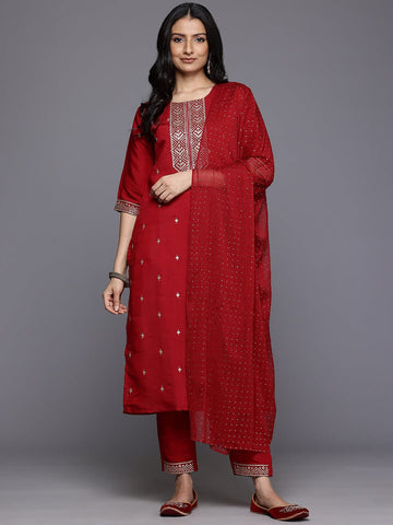 Varanga Women Maroon Round Neck Zari Embroidered Kurta Paired With Bottom & Dupatta