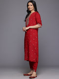 Varanga Women Maroon Round Neck Zari Embroidered Kurta Paired With Bottom & Dupatta