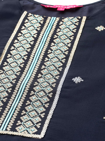 Varanga Women Navy Blue Round Neck Zari Embroidered Kurta Paired With Tonal Bottom & Dupatta