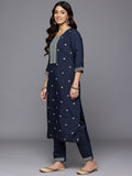 Varanga Women Navy Blue Round Neck Zari Embroidered Kurta Paired With Tonal Bottom & Dupatta