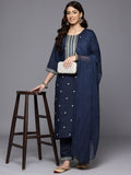 Varanga Women Navy Blue Round Neck Zari Embroidered Kurta Paired With Tonal Bottom & Dupatta