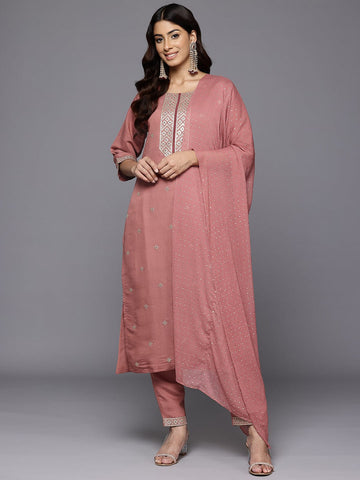 Varanga Women Mauve Round Neck Zari Embroidered Kurta Paired With Bottom & Dupatta