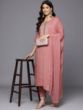 Varanga Women Mauve Round Neck Zari Embroidered Kurta Paired With Bottom & Dupatta