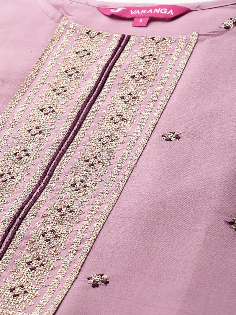 Varanga Women Lavender Round Neck Zari Embroidered Kurta Paired With Bottom & Dupatta