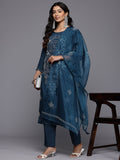 Varanga Women Navy Blue Hand Embroidered Straight Kurta with Trousers and Embroidered Dupatta.