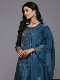 Varanga Women Navy Blue Hand Embroidered Straight Kurta with Trousers and Embroidered Dupatta.