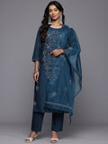 Varanga Women Navy Blue Hand Embroidered Straight Kurta with Trousers and Embroidered Dupatta.