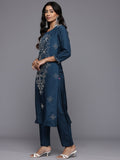 Varanga Women Navy Blue Hand Embroidered Straight Kurta with Trousers and Embroidered Dupatta.