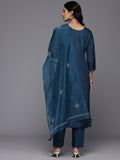 Varanga Women Navy Blue Hand Embroidered Straight Kurta with Trousers and Embroidered Dupatta.