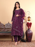 Varanga Women Purple Hand Embroidered French Knot Kurta with Tonal Bottom and Embroidered Dupatta