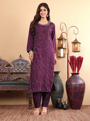 Varanga Women Purple Hand Embroidered French Knot Kurta with Tonal Bottom and Embroidered Dupatta