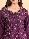 Varanga Women Purple Hand Embroidered French Knot Kurta with Tonal Bottom and Embroidered Dupatta