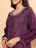 Varanga Women Purple Hand Embroidered French Knot Kurta with Tonal Bottom and Embroidered Dupatta