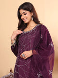 Varanga Women Purple Hand Embroidered French Knot Kurta with Tonal Bottom and Embroidered Dupatta