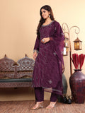 Varanga Women Purple Hand Embroidered French Knot Kurta with Tonal Bottom and Embroidered Dupatta