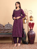 Varanga Women Purple Hand Embroidered French Knot Kurta with Tonal Bottom and Embroidered Dupatta