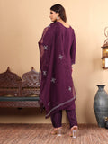 Varanga Women Purple Hand Embroidered French Knot Kurta with Tonal Bottom and Embroidered Dupatta