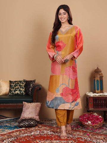 Varanga Women Pure Silk Mustard Floral Printed Beads Embellished Kurta Set With Dupatta