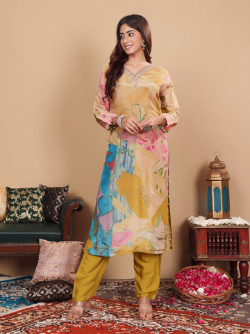 Varanga Women Mustard Pure Silk Gold Shimmer Floral Printed and Stones Embellishment Straight Kurta with Trousers and Dupatta