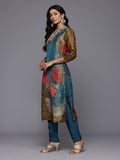 Varanga Women Pure Silk Olive Shimmer Floral Printed Thread Embroidered Straight Kurta with Trousers and Dupatta