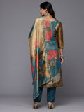 Varanga Women Pure Silk Olive Shimmer Floral Printed Thread Embroidered Straight Kurta with Trousers and Dupatta