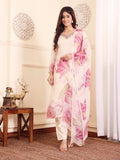 Varanga Women Off White Rhinestone Embroidered Straight Kurta with Trousers and Dupatta.