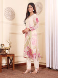 Varanga Women Off White Rhinestone Embroidered Straight Kurta with Trousers and Dupatta.