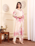 Varanga Women Off White Rhinestone Embroidered Straight Kurta with Trousers and Dupatta.