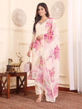 Varanga Women Off White Rhinestone Embroidered Straight Kurta with Trousers and Dupatta.