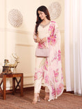 Varanga Women Off White Rhinestone Embroidered Straight Kurta with Trousers and Dupatta.