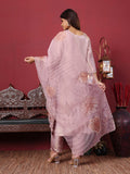 Varanga Women Lavender Shimmer Pure Silk Zari Embroidered Straight Kurta with Trousers and Printed Dupatta