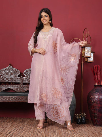 Varanga Women Lavender Shimmer Pure Silk Zari Embroidered Straight Kurta with Trousers and Printed Dupatta